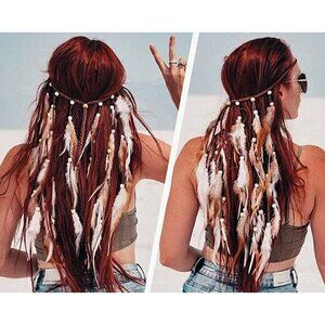 🆕 Bohemian Feather Hippie Hairband Indian Gypsy Headband White Brown Tassel NWT